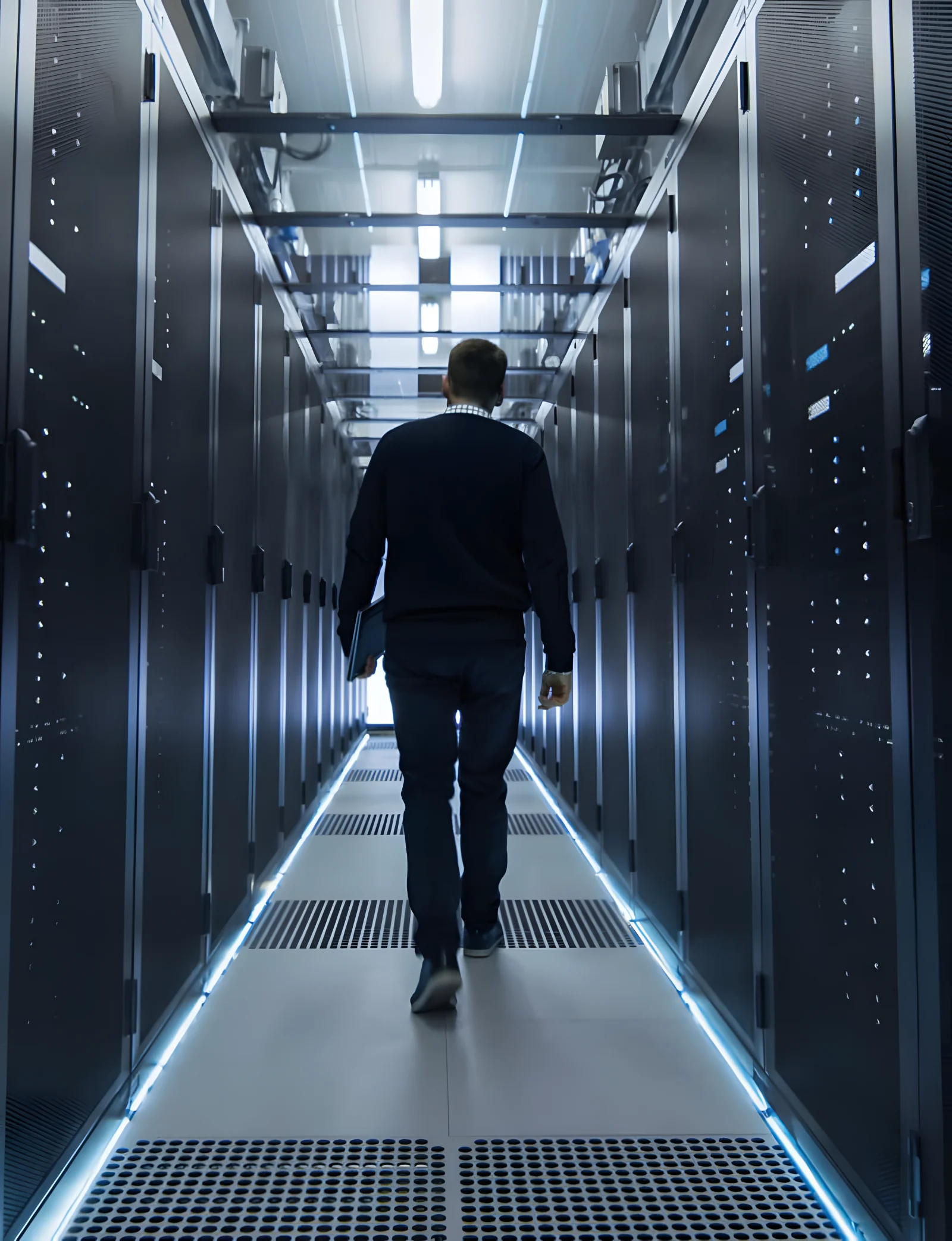 Técnico recorre un pasillo entre filas de racks en un centro de datos
